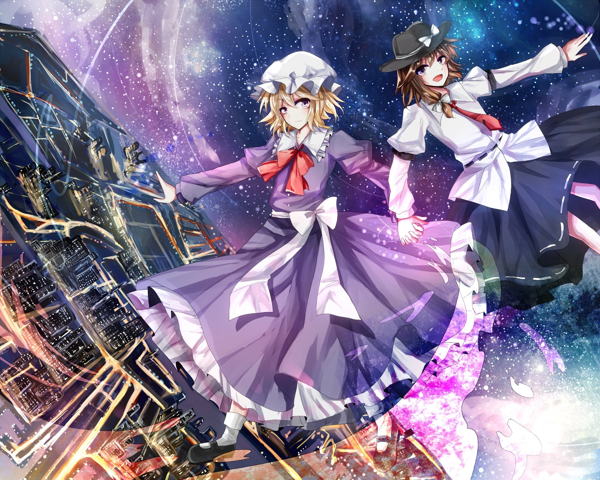 Renko Usami and Maribel Hearn from Touhou, anime-style, floating hand-in-hand over a city and galaxy — 2K Quad HD PC desktop wallpaper background.