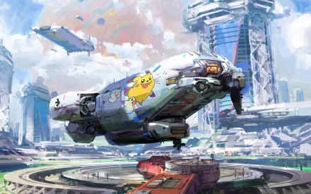 Futuristic sci-fi cityscape with a spaceship featuring a Pikachu decal, set against tall buildings and a vibrant sky, rendered in HD for a PC desktop wallpaper.