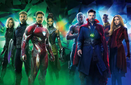 HD desktop wallpaper from the movie Avengers: Infinity War, featuring various characters in a dramatic, colorful background.