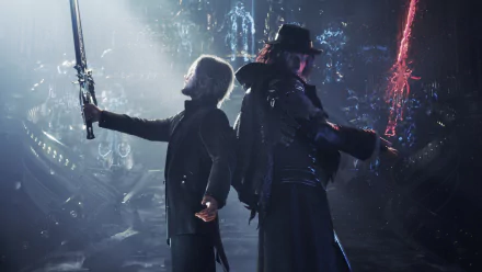 HD desktop wallpaper featuring Ardyn Lucis Caelum and Noctis Lucis Caelum from Final Fantasy XV, standing back to back with dramatic lighting and a futuristic background.