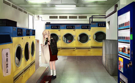 Anime original 4K Ultra HD PC desktop wallpaper: lone blonde girl in a red skirt and jacket loading a washer in a bright yellow laundromat, vending machine at right, quiet reflective floor.