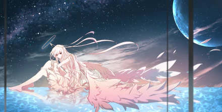 Anime-style original HD desktop wallpaper featuring a serene angelic figure with flowing white wings under a starry night sky and a large blue planet in the background.