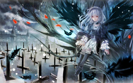 HD PC desktop wallpaper featuring Suigintou from Rozen Maiden in a dark, gothic graveyard setting with black feathers and a moody, stormy sky.
