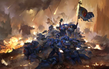 Epic Warhammer 40k scene featuring armored Space Marine warriors with flags and weapons amid a fiery battle, crafted as an HD PC desktop wallpaper and background.