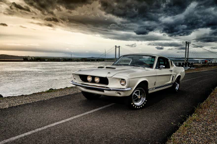 Silver Ford Shelby GT350 fastback muscle car parked on a waterfront road under a dramatic sky — 4K Ultra HD PC desktop wallpaper background.