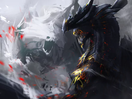 HD fantasy desktop wallpaper depicting an intense battle between a fierce black dragon and a white creature amidst swirling smoke and glowing embers.