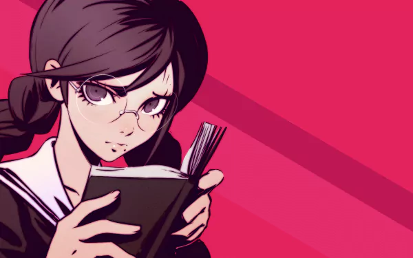 Tōko Fukawa from Danganronpa reading a book against a bold pink background in a 4K Ultra HD anime desktop wallpaper.