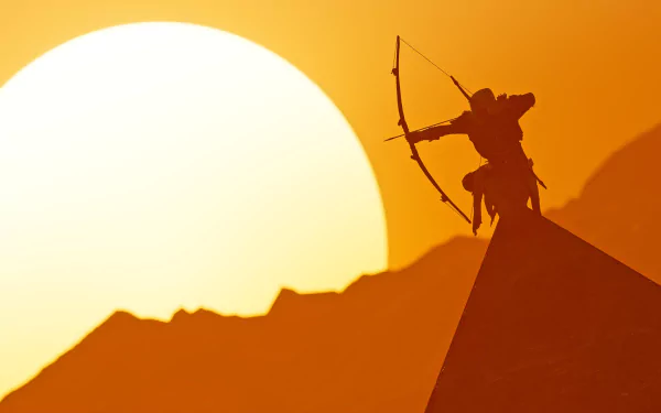HD desktop wallpaper of Bayek of Siwa from Assassin's Creed Origins silhouetted with bow and arrow against a glowing sun and desert landscape.