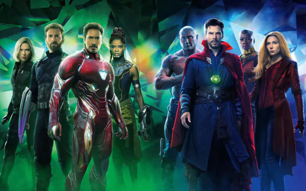 HD desktop wallpaper from the movie Avengers: Infinity War, featuring various characters in a dramatic, colorful background.