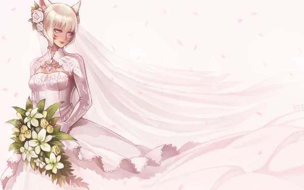 A blonde Miqo'te bride from Final Fantasy XIV in a detailed wedding dress with animal ears and a flower, holding a bouquet against a soft pink background.