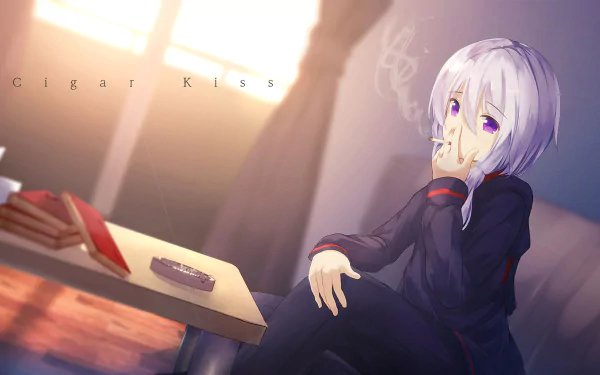 HD anime desktop wallpaper featuring Vocaloid character Yuzuki Yukari with light purple hair, sitting and holding a cigarette in a softly lit room.