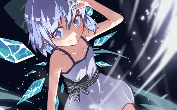 HD anime desktop wallpaper featuring Cirno from Touhou, depicted with icy blue hair and crystal-like wings against a dynamic dark background.