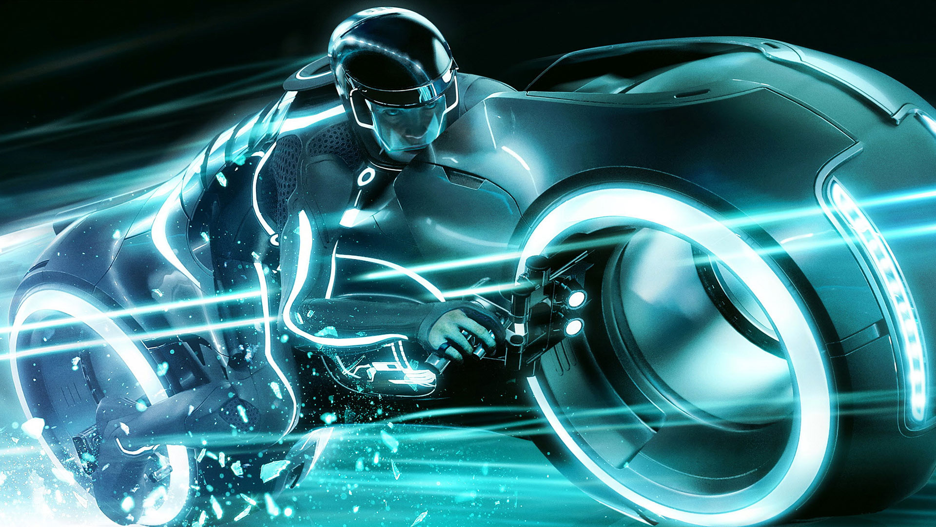Tron legacy biker zooming through futuristic grid lines on a high-definition desktop wallpaper.