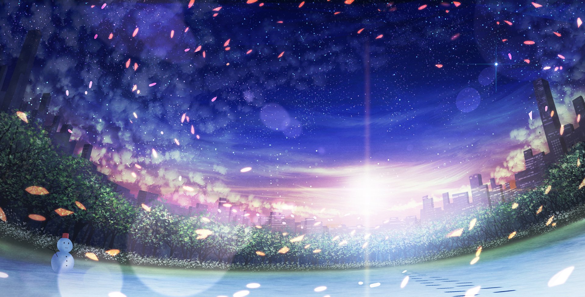 Anime original HD PC desktop wallpaper/background: panoramic sunset over a stadium field with glowing city skyline, drifting petals and a bright lens flare.