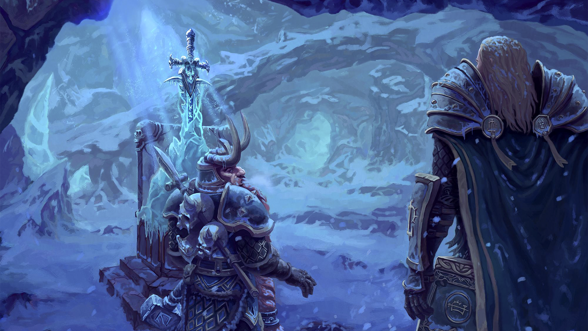 HD desktop wallpaper depicting Muradin Bronzebeard facing the Lich King in a frozen cavern, inspired by World of Warcraft MMORPG lore.