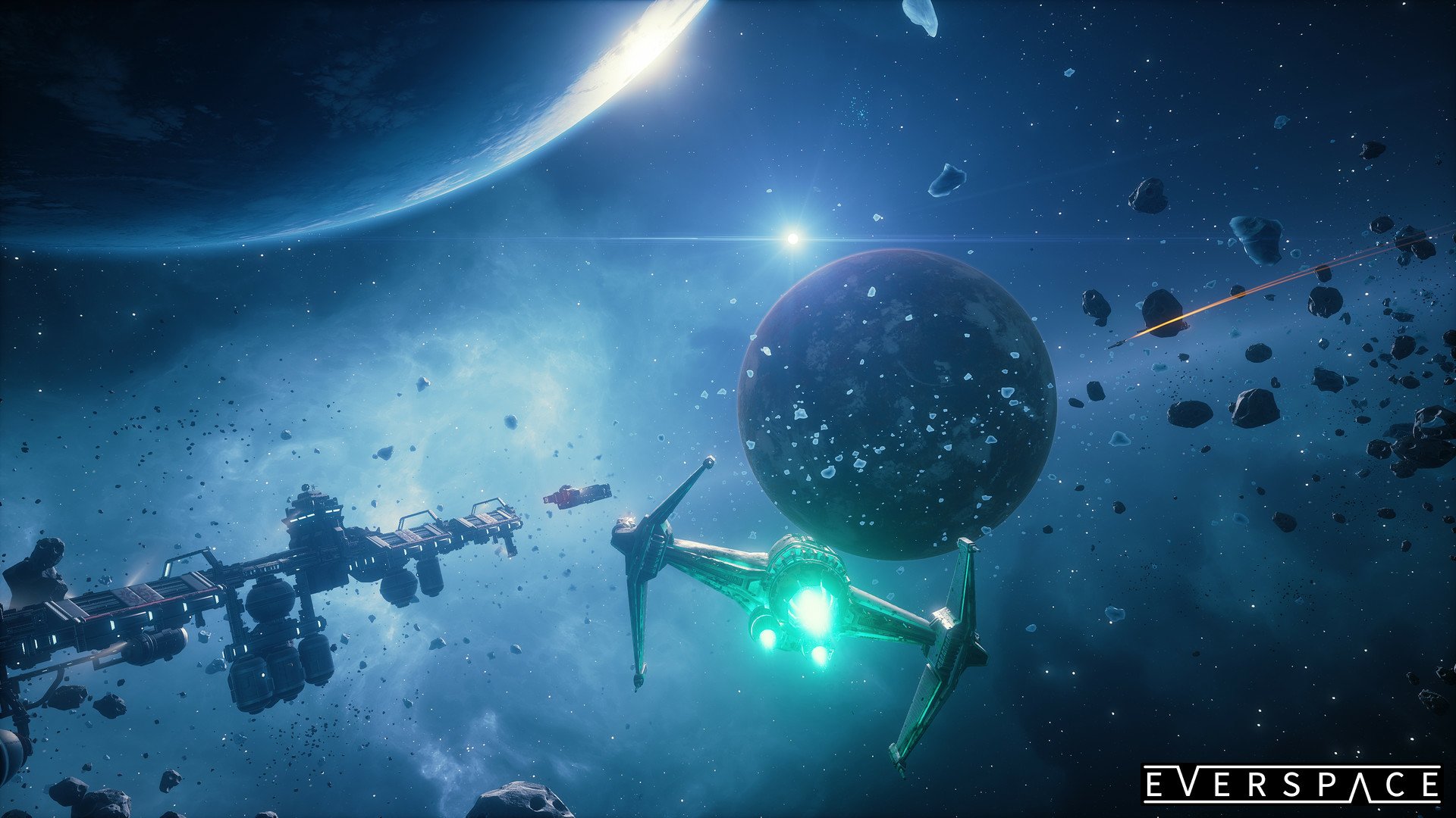 HD desktop wallpaper featuring a scene from Everspace with a spaceship navigating through an asteroid belt with a planet and moon in the background.