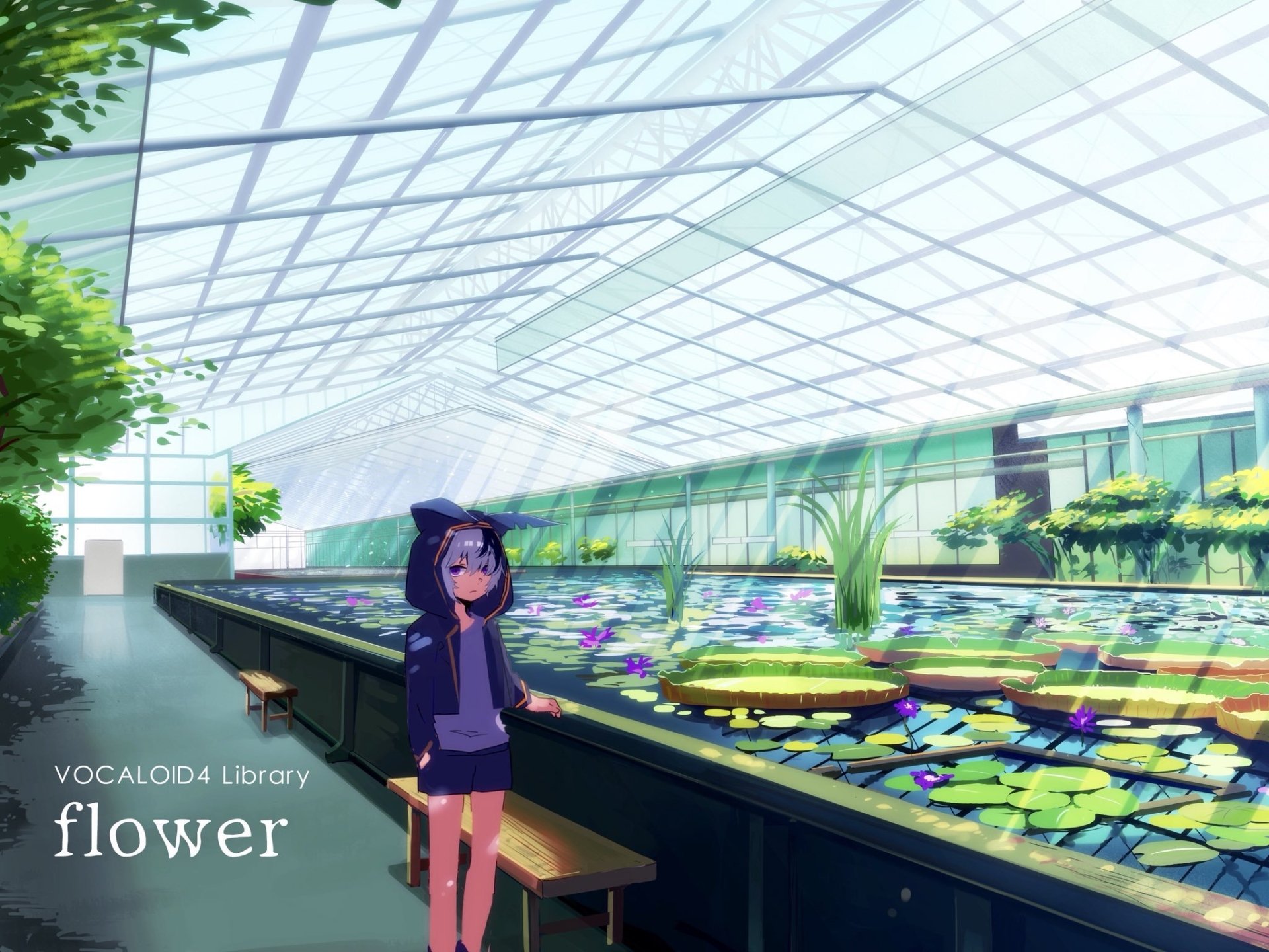 HD anime desktop wallpaper featuring a Vocaloid character named Flower standing beside a lily pad pond inside a bright, spacious greenhouse.