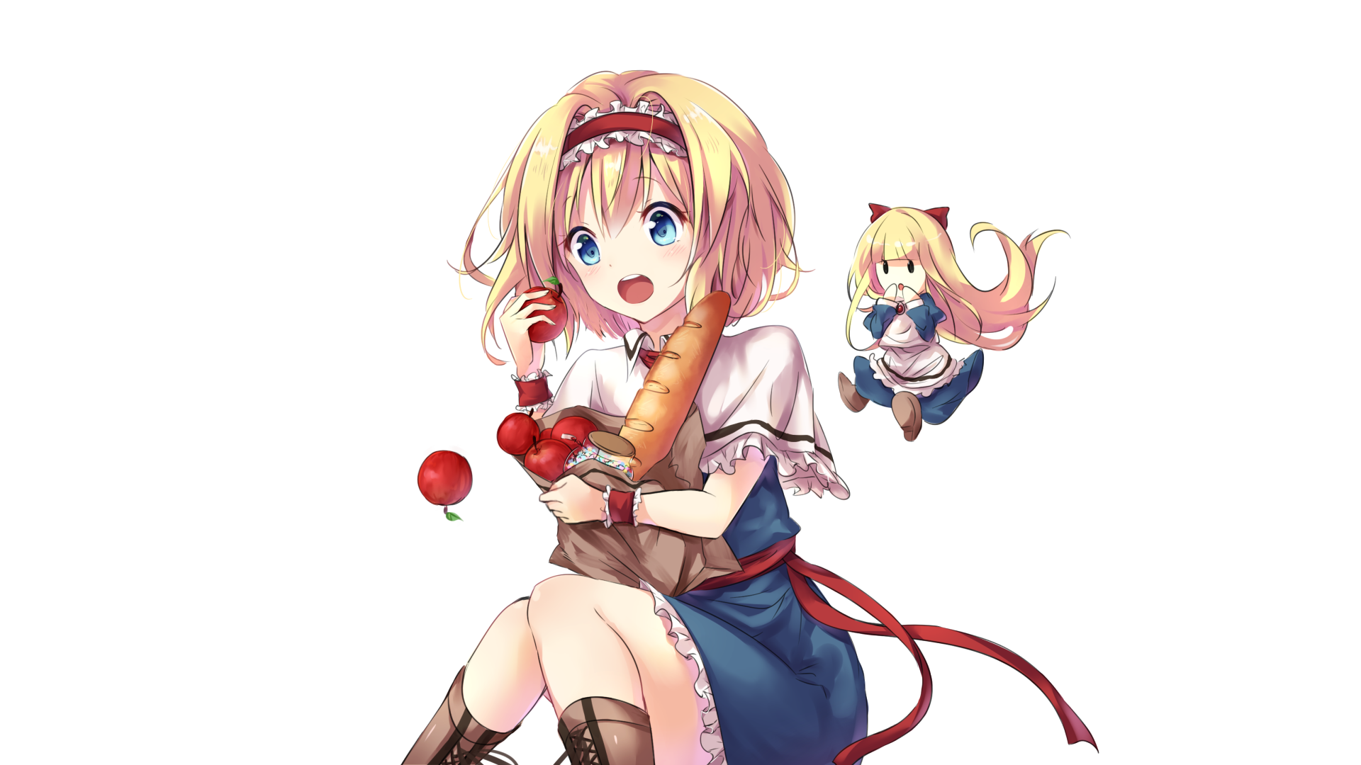 HD anime-style Touhou character holding a giant carrot, with a smaller version of the character floating nearby, designed as a vibrant PC desktop wallpaper background.