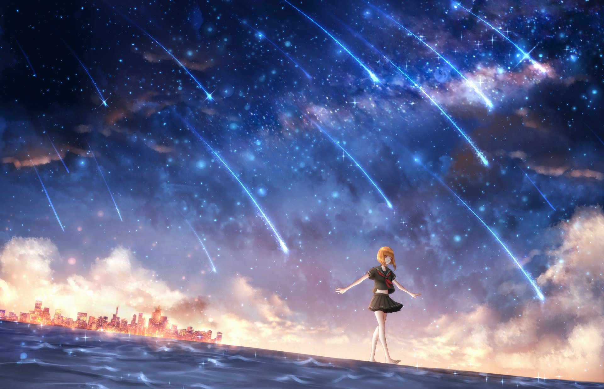 Anime-style HD desktop wallpaper featuring a girl standing by the water under a vibrant night sky filled with shooting stars and the Milky Way.