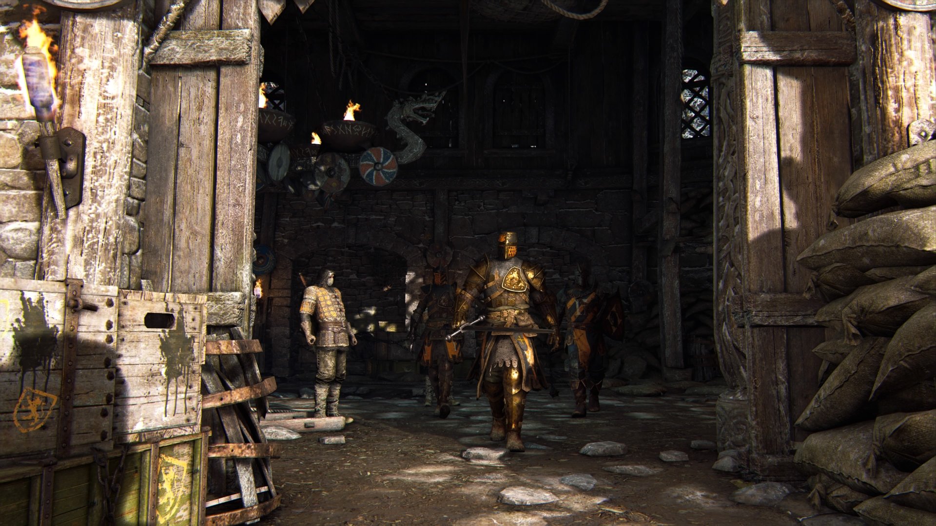 4K Ultra HD PC wallpaper featuring a detailed knight character from the video game For Honor, standing in a dimly lit medieval environment.