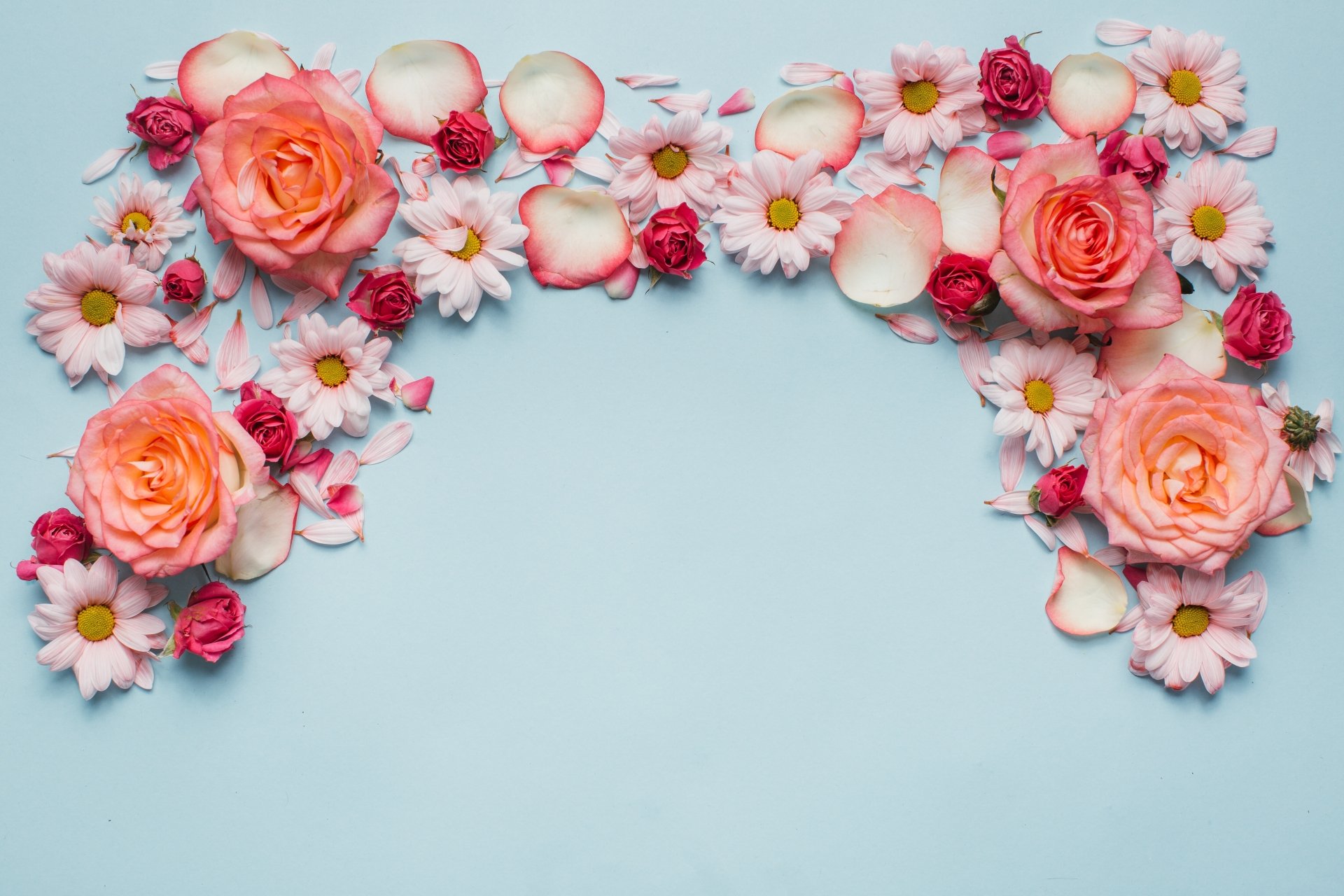 A 4K Ultra HD PC desktop wallpaper featuring an arrangement of man-made rose petals and flowers in soft pink and coral hues against a light blue background.