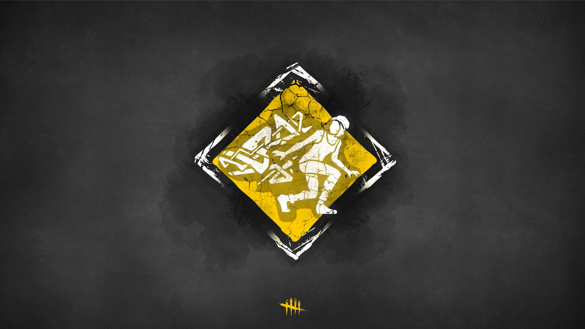 Minimalist 8K Ultra HD Dead by Daylight wallpaper: Nea Karlsson's Urban Evasion perk icon — stylized yellow running figure in diamond on dark textured background, minimalist gaming art.