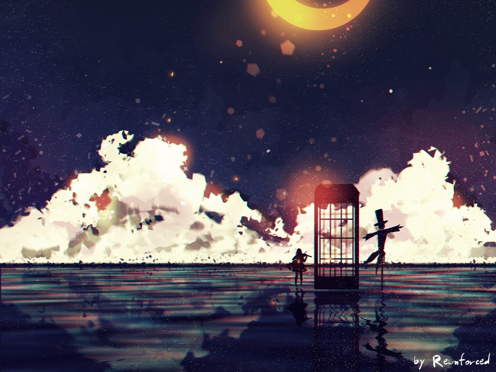 Anime-style HD desktop wallpaper featuring a reflective water surface, a violin, a scarecrow, and a glowing moon against a starry night sky with dramatic clouds.