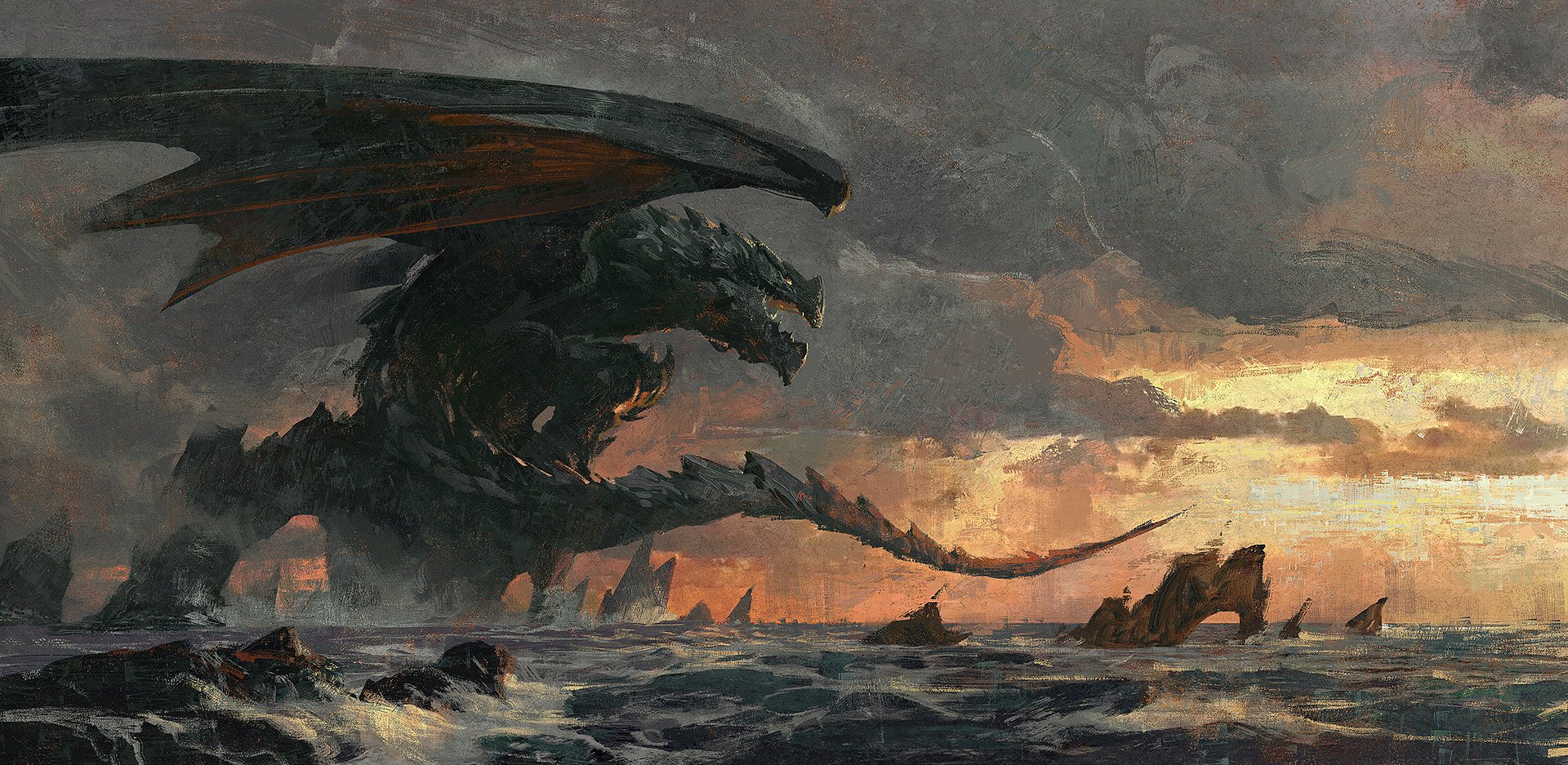 HD fantasy PC desktop wallpaper featuring a massive dragon emerging from turbulent seas under a stormy sky at sunset.