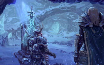 HD desktop wallpaper depicting Muradin Bronzebeard facing the Lich King in a frozen cavern, inspired by World of Warcraft MMORPG lore.