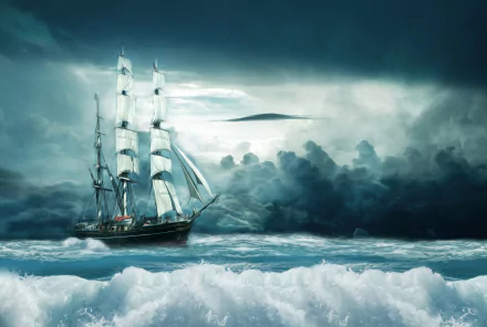 A fantasy HD desktop wallpaper featuring a ship sailing on an ocean under cloudy skies, depicted in oil painting style with crashing waves.