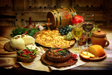 Still life HD desktop wallpaper featuring pizza, cheese, bread, wine glasses, a wooden barrel, peppers, grapes, and rustic food items arranged on a wooden table.