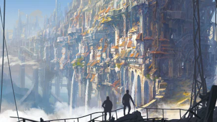 HD desktop wallpaper depicting a stunning fantasy cityscape with intricate buildings and structures, viewed by two silhouetted figures standing on a ledge.