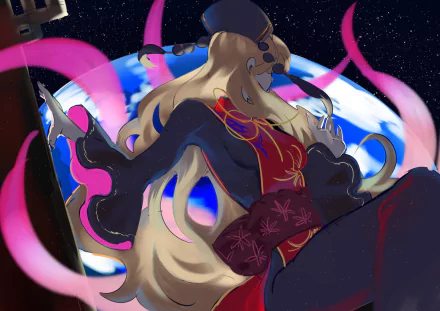 HD anime PC wallpaper of Junko (Touhou): ornate red-and-black kimono, long blonde hair and swirling pink ribbons, floating above Earth against a starry space backdrop.