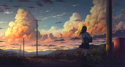 HD desktop wallpaper featuring an anime girl standing under a vivid, sunset sky with towering clouds and power lines. The scene evokes a serene and contemplative mood.