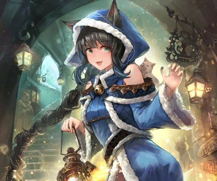 Anime cat girl with green eyes, blushing and smiling, holds a lantern. She's wearing a blue hoodie, her black braided hair adorned with a small cat. The background features cozy lantern-lit architecture.