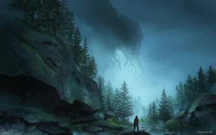 HD desktop wallpaper depicting a dark, fantasy scene with a towering Cthulhu-like creature emerging from the misty forest, while a lone figure stands in awe below.