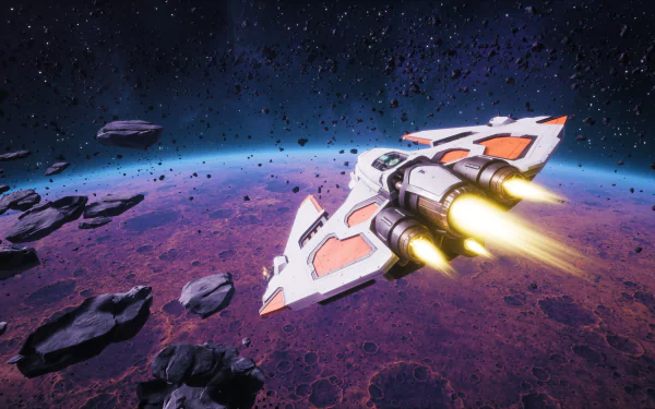 HD Everspace game wallpaper featuring a spaceship flying through an asteroid field with a purple planet in the background.