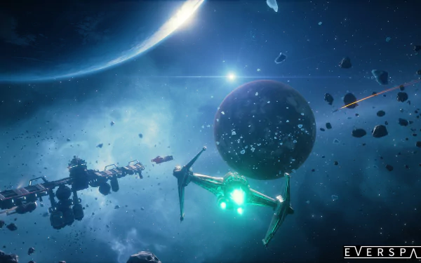 HD desktop wallpaper featuring a scene from Everspace with a spaceship navigating through an asteroid belt with a planet and moon in the background.