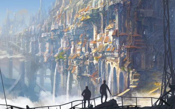 HD desktop wallpaper depicting a stunning fantasy cityscape with intricate buildings and structures, viewed by two silhouetted figures standing on a ledge.