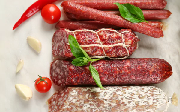 4K Ultra HD still life of assorted sausages and salami with fresh tomatoes, garlic cloves, and basil leaves on a light surface, showcasing rich colors and textures.