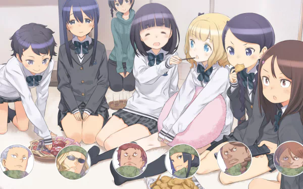 HD desktop wallpaper featuring characters from Sword Art Online Alternative: Gun Gale Online, showcasing a group of anime girls in school uniforms, sharing snacks and enjoying each other's company.