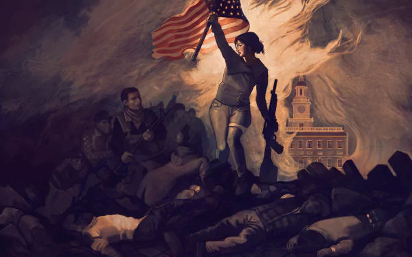 4K Ultra HD PC wallpaper from Homefront: The Revolution, depicting a female fighter holding an American flag amidst a war-torn scene with fallen soldiers and a burning city background.