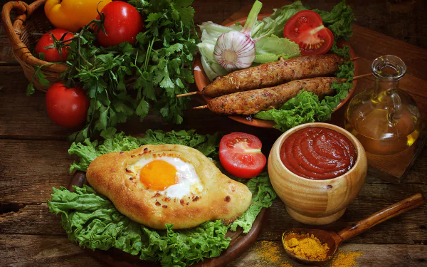 HD desktop wallpaper featuring a still life of fresh tomatoes, an egg baked in bread, ketchup, herbs, and spices arranged on a rustic wooden table.