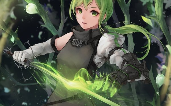 Anime Original Long Hair Green Hair Sword Flower Magic Smile Green Eyes Gauntlet HD Wallpaper | Background Image