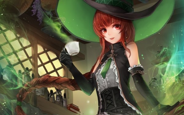 Anime Original Hat Witch Teacup Long Hair Red Hair Red Eyes Tie Smile Glove HD Wallpaper | Background Image