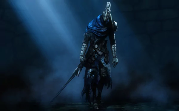 HD wallpaper of Artorias, a warrior character from the video game Dark Souls, standing in a dark, misty environment with a sword in hand.