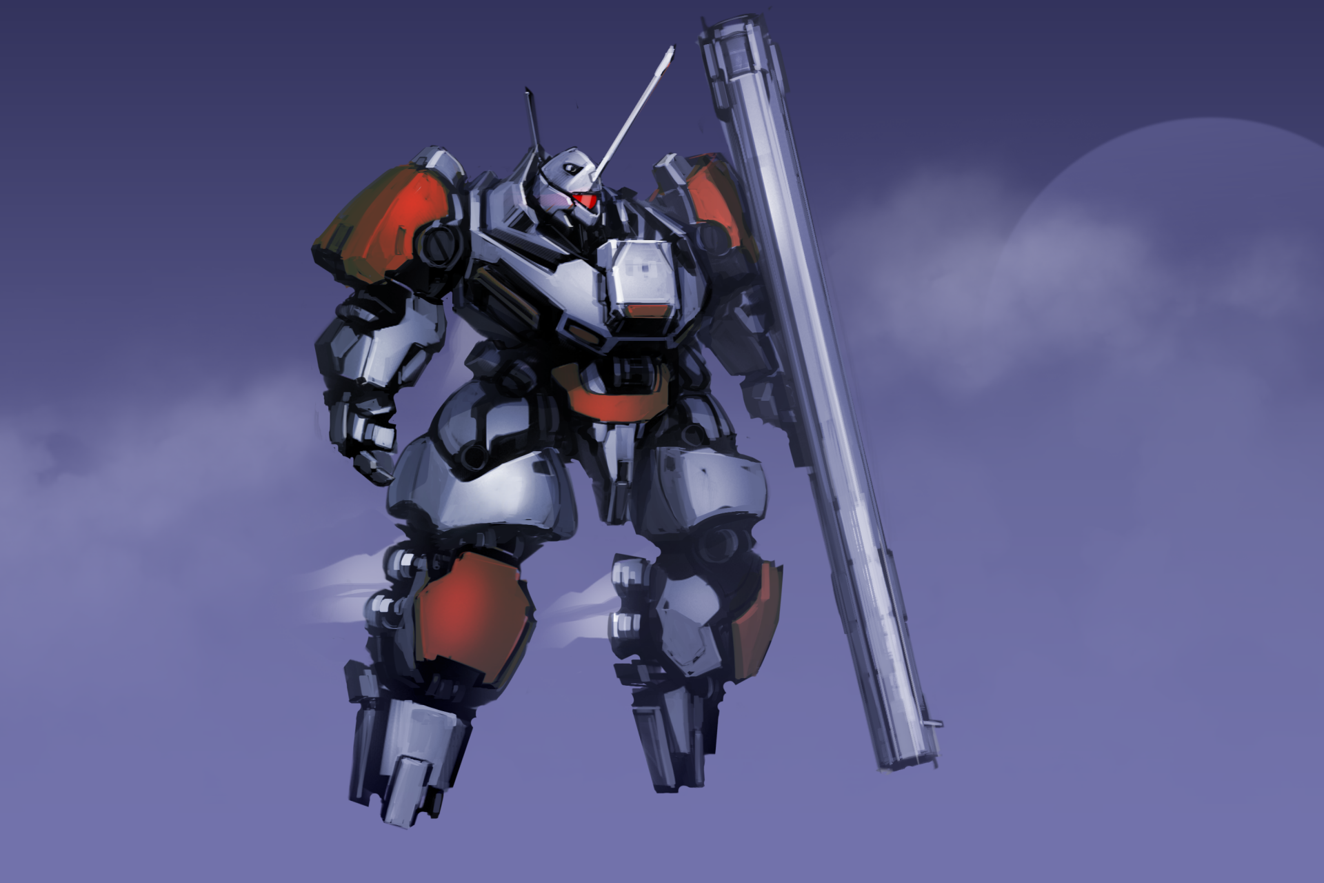 Sci-fi combat robot wielding a huge rifle, hovering over clouds — 2K Quad HD PC desktop wallpaper and background.