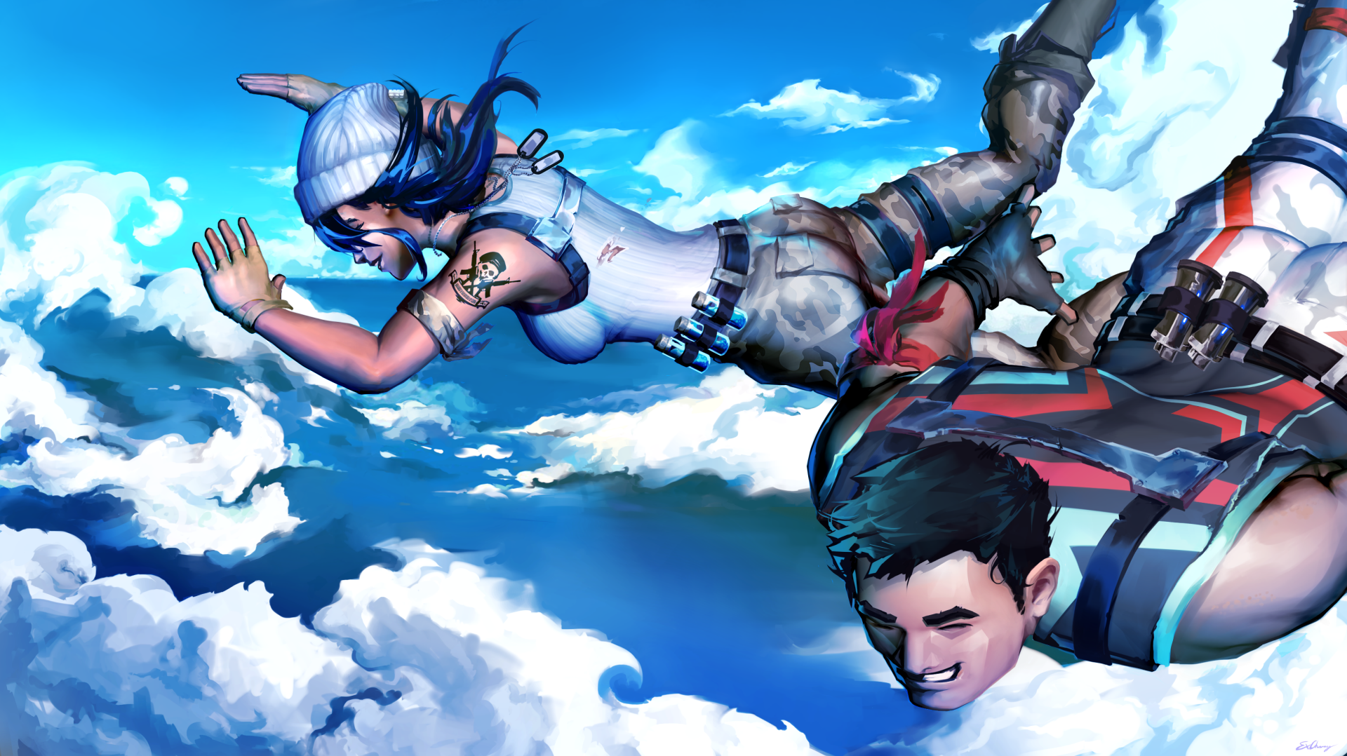 HD Fortnite PC desktop wallpaper featuring two characters skydiving above a vibrant cloudscape in a dynamic video game scene.