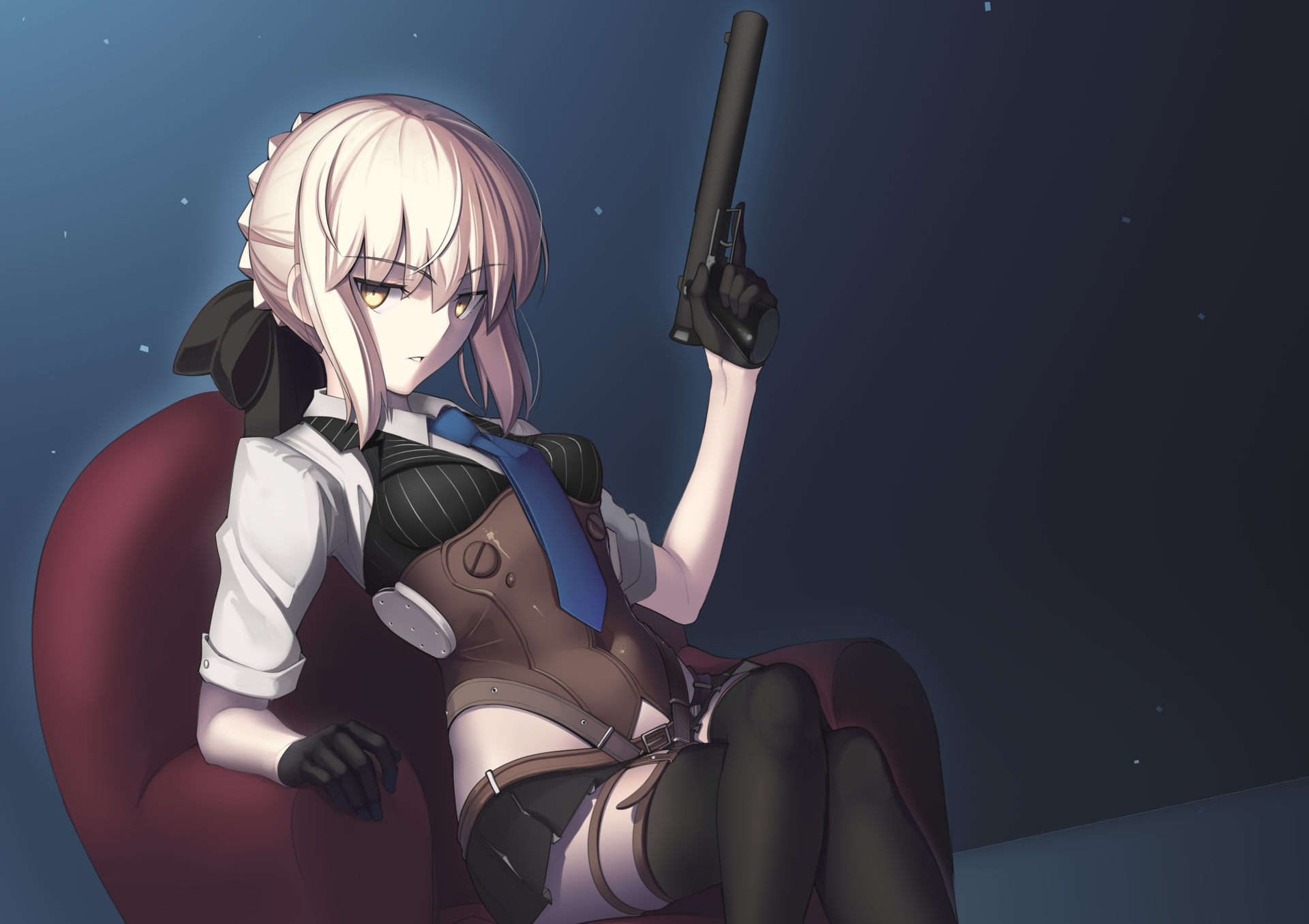 Saber Alter (Fate/Grand Order) anime artwork: seated with a pistol on a red chair against a starry blue backdrop — 2K Quad HD PC desktop wallpaper/background.