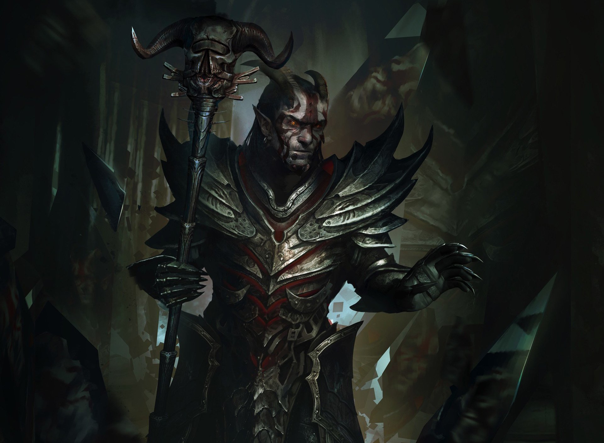 Dark armored figure holding a staff in a shadowy, mystical environment, from the video game The Elder Scrolls: Legends, presented as an HD PC desktop wallpaper.